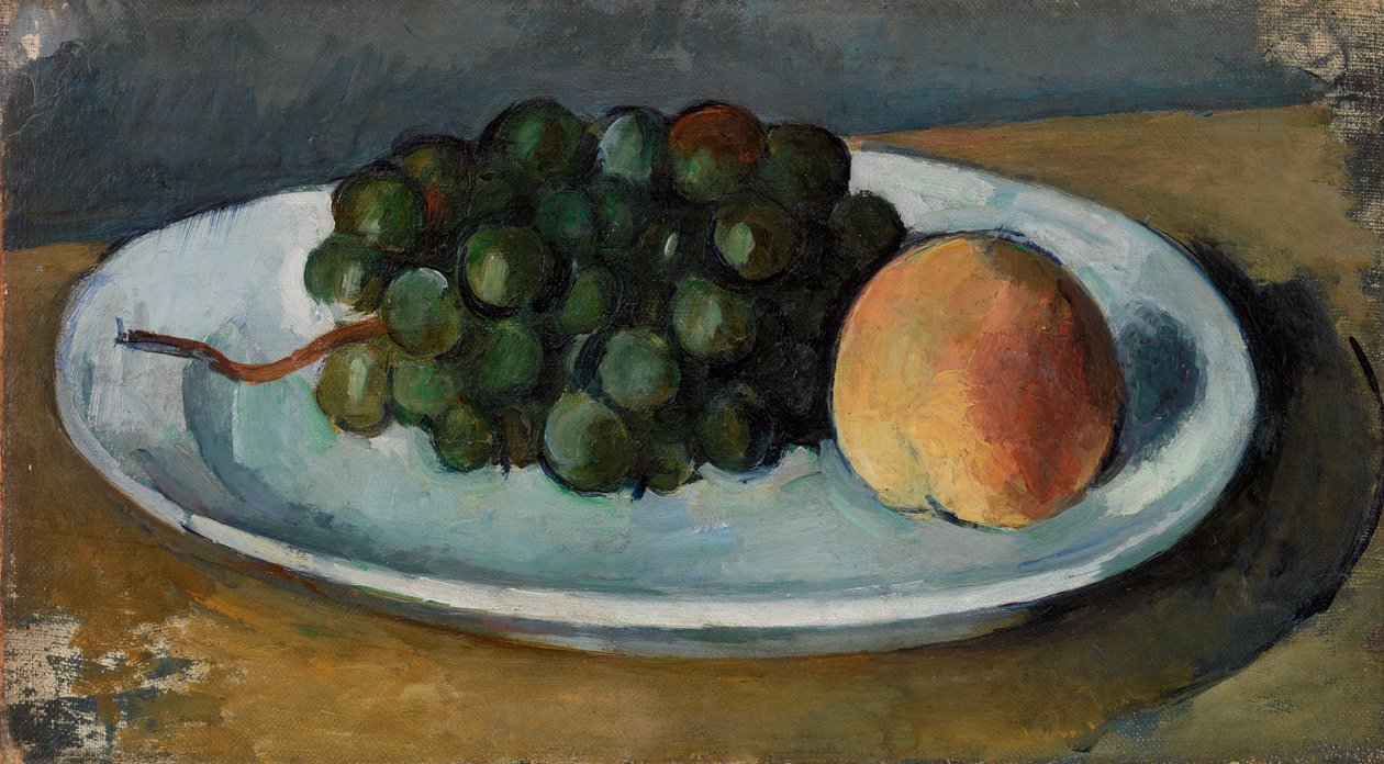 Druvor och persika på en tallrik, 1877-79 av Paul Cézanne