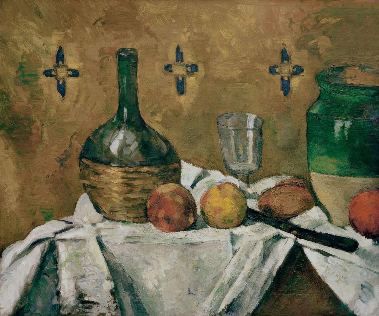 Stilleben: flaska, glas och keramik av Paul Cézanne