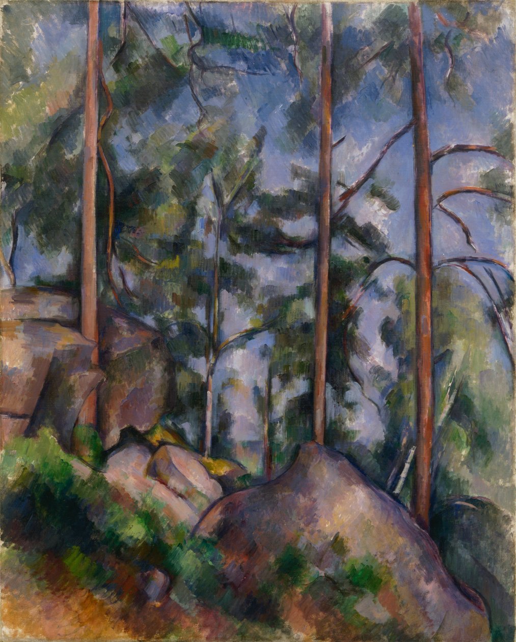 Tallar och klippor (Fontainebleau) av Paul Cézanne