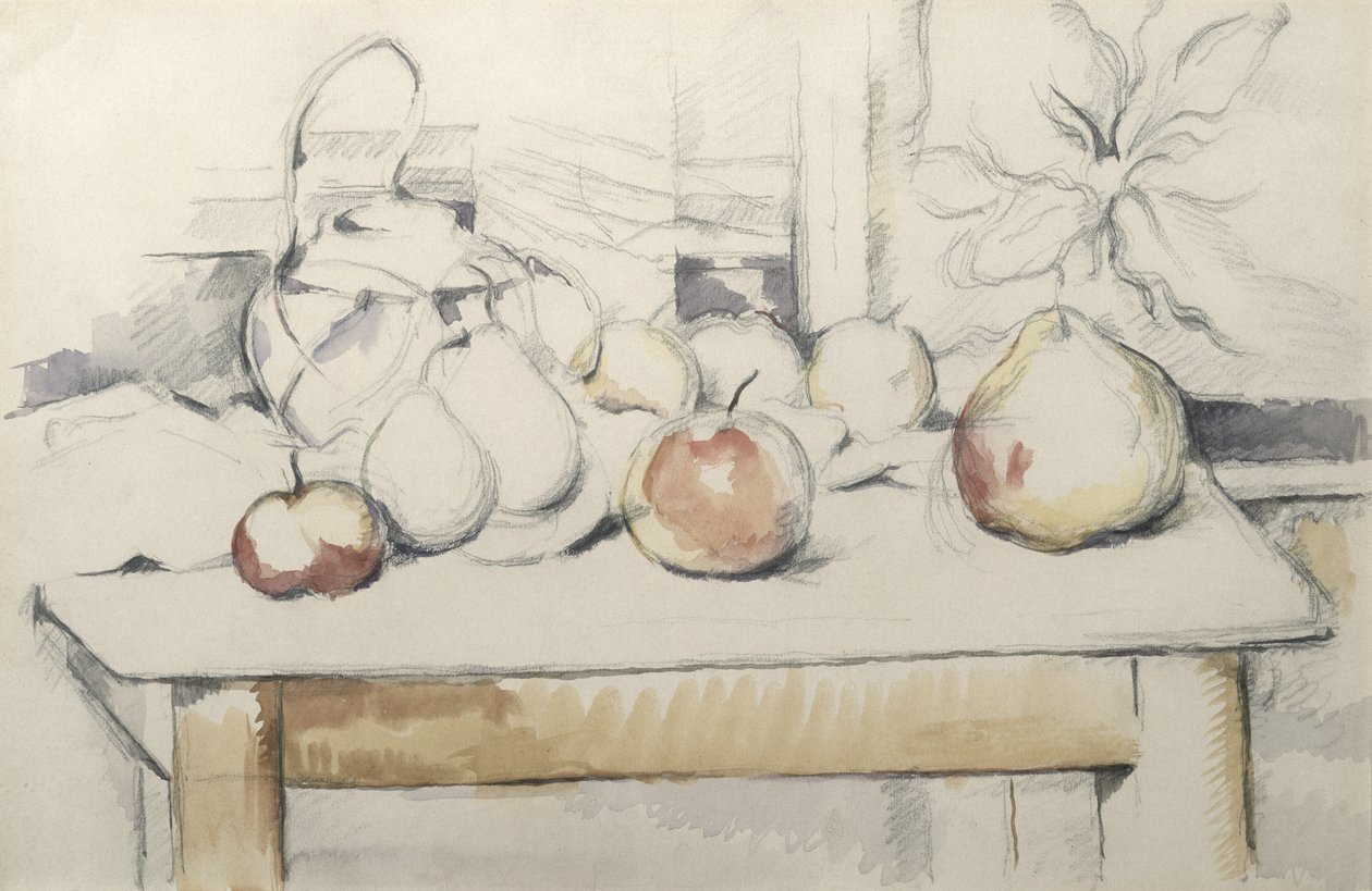 Ingefärakruka och frukter på ett bord, ca 1888-90 (blyerts och wc på papper) av Paul Cézanne