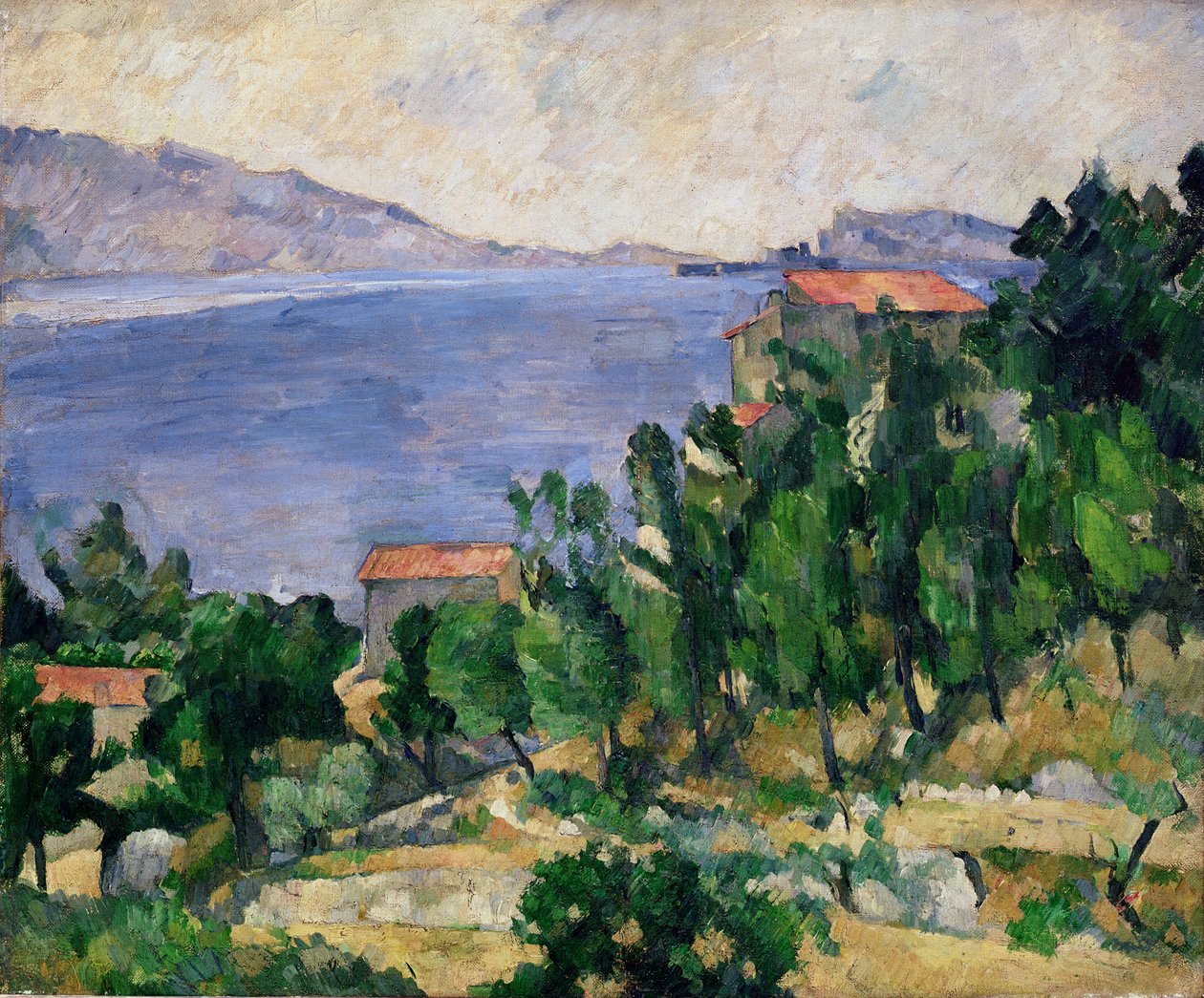 Utsikt över berget Marseilleveyre och Isle of Maire, c.1882-85 av Paul Cézanne