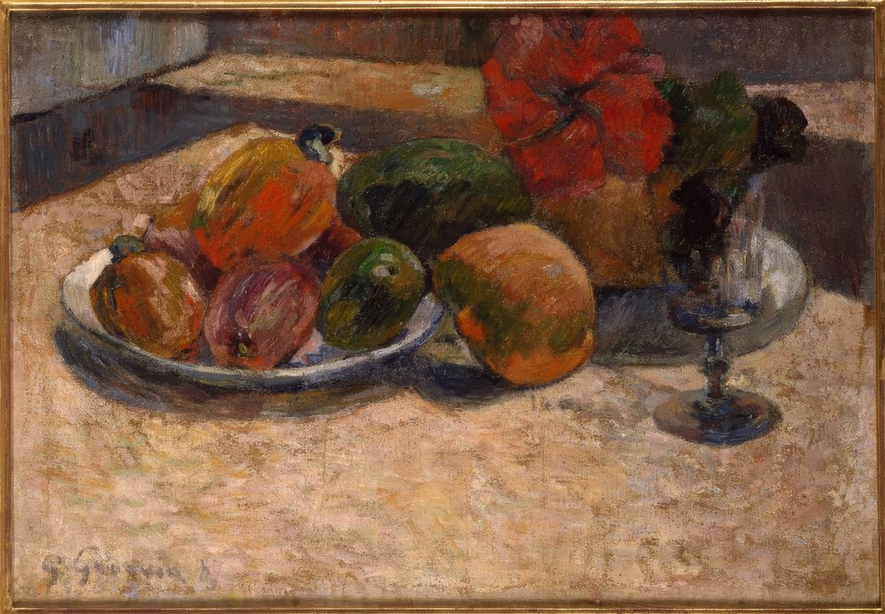 Exotiska frukter och röda blommor av Paul Gauguin