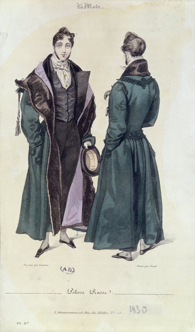French Fashion plate of a Pelisse Russe, 1830 (colour engraving) av Paul Gavarni