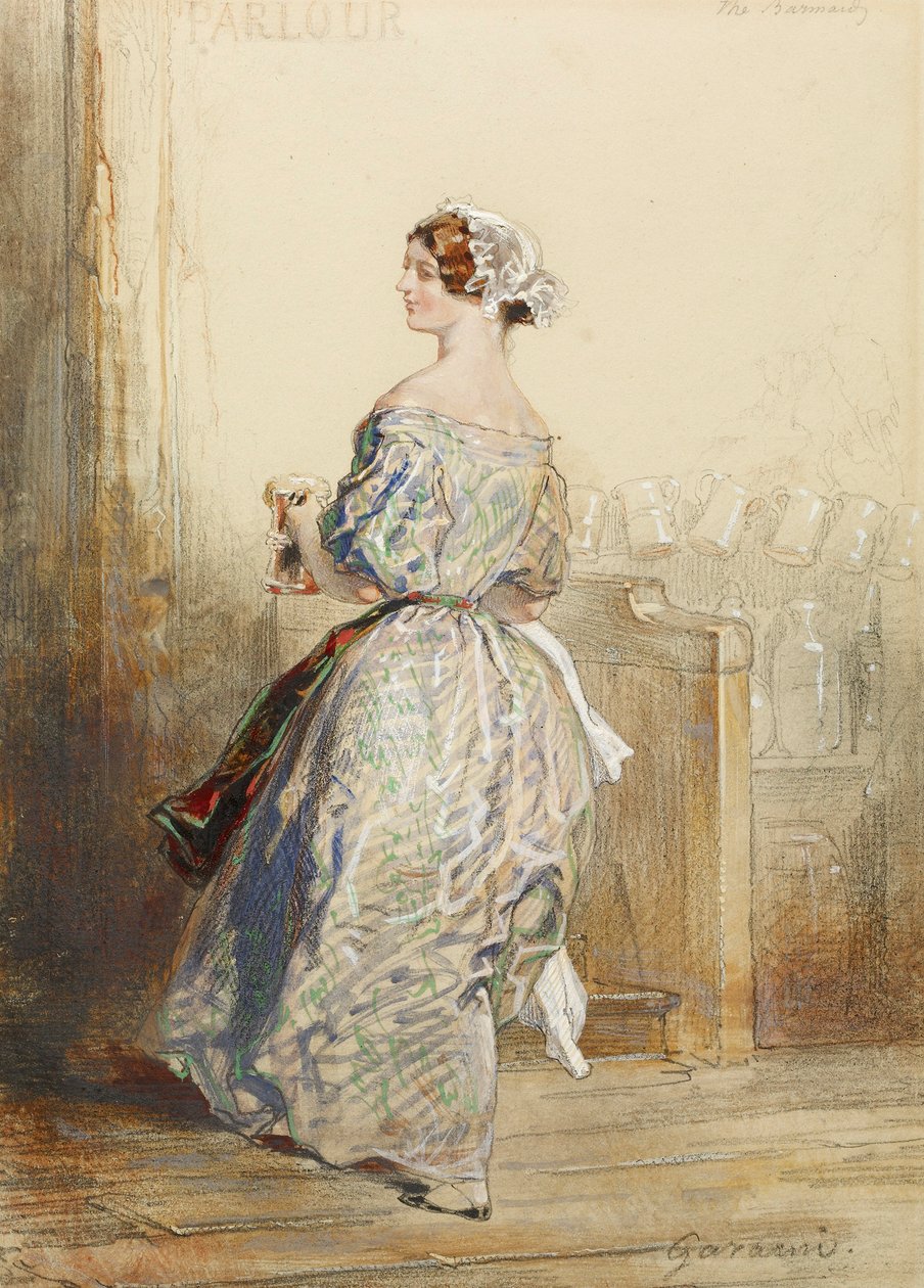 The Barmaid, ca 1850 (wc, krita och grafit förhöjd med vitt på papper) av Paul Gavarni