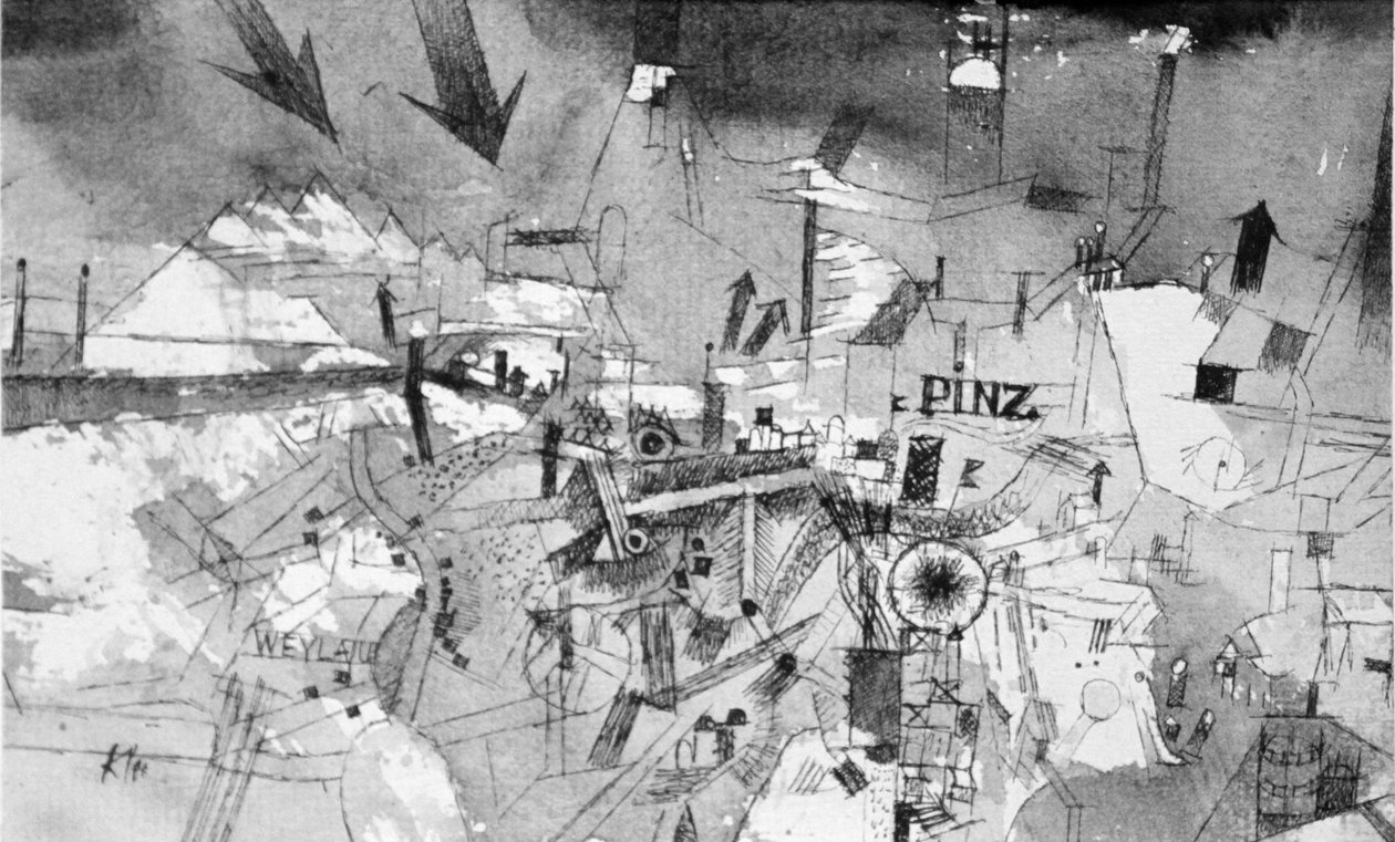 Utsikt över den allvarligt hotade staden Pinz av Paul Klee