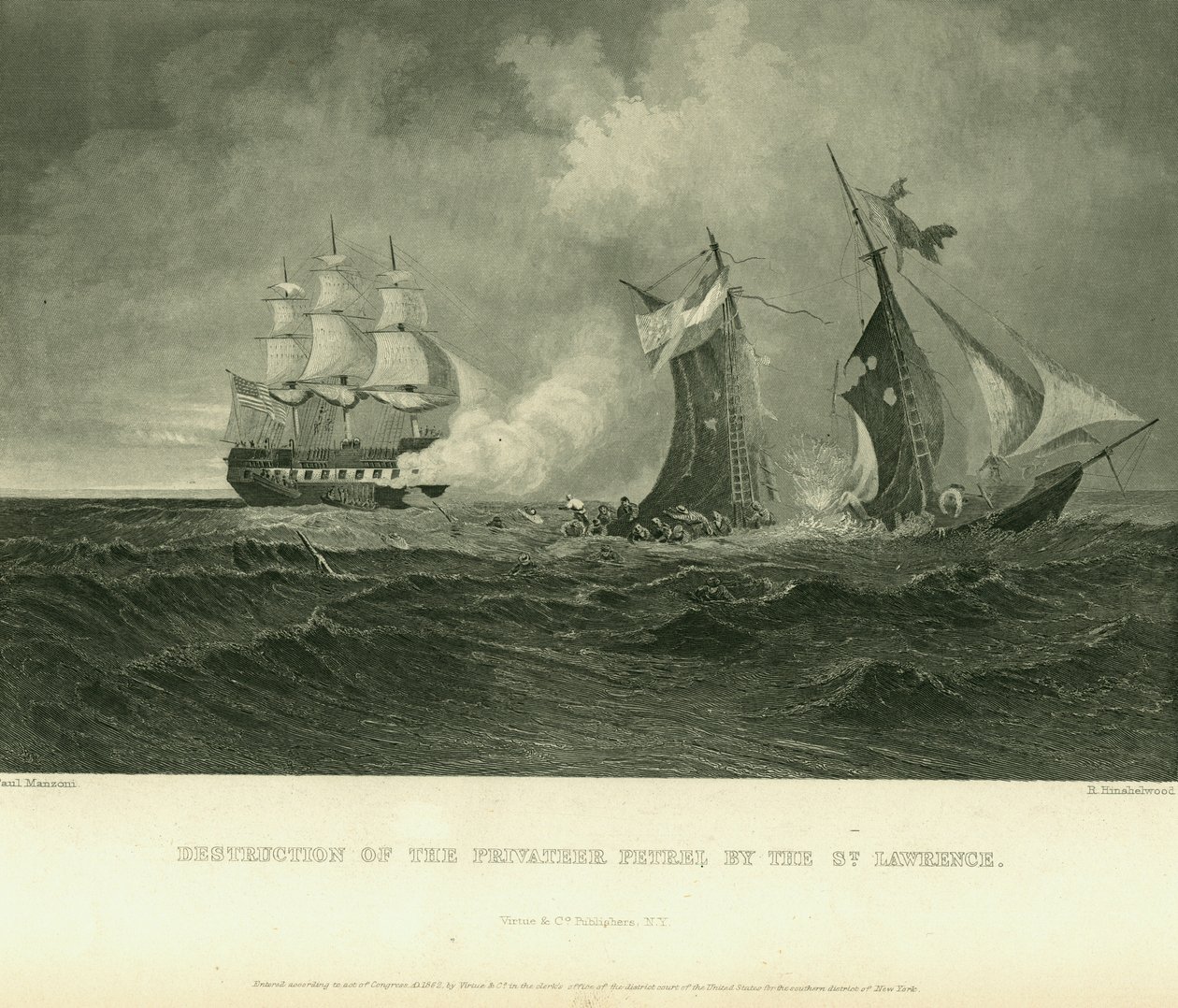 Print of sinking ship with several sailors in the water in foreground av Paul Manzoni and R. Hinshelwood