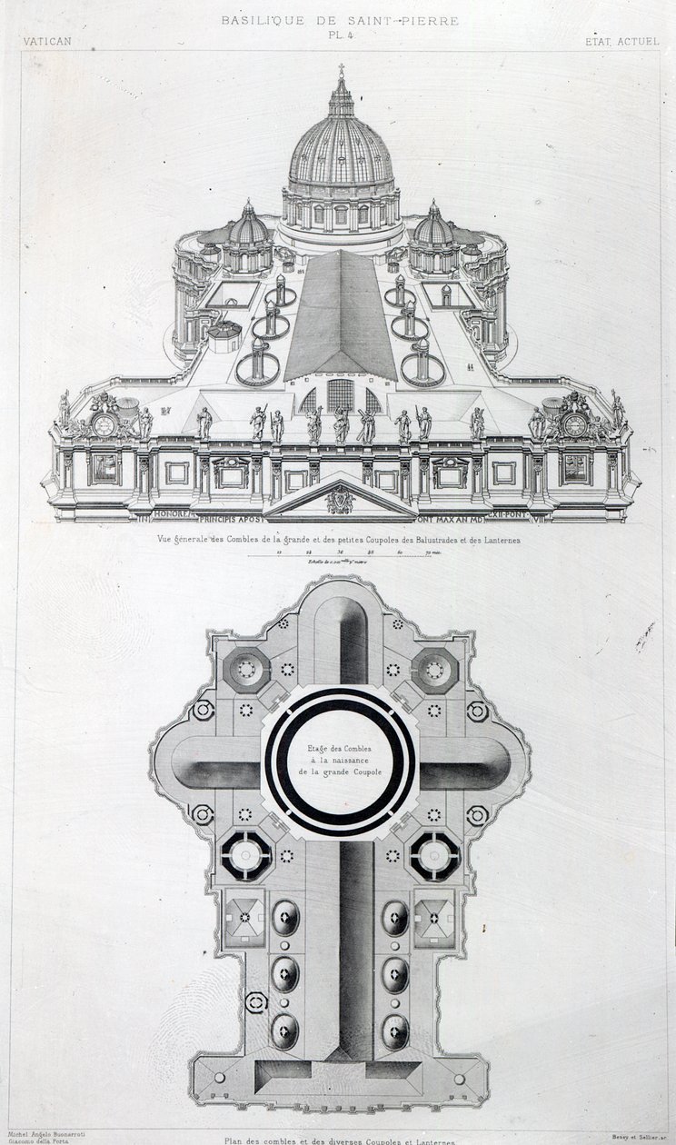 Plan över taket på Peterskyrkan i Rom från Letarouillys "Edifices de Rome Moderne", upplaga från 1882. av Paul Marie Letarouilly