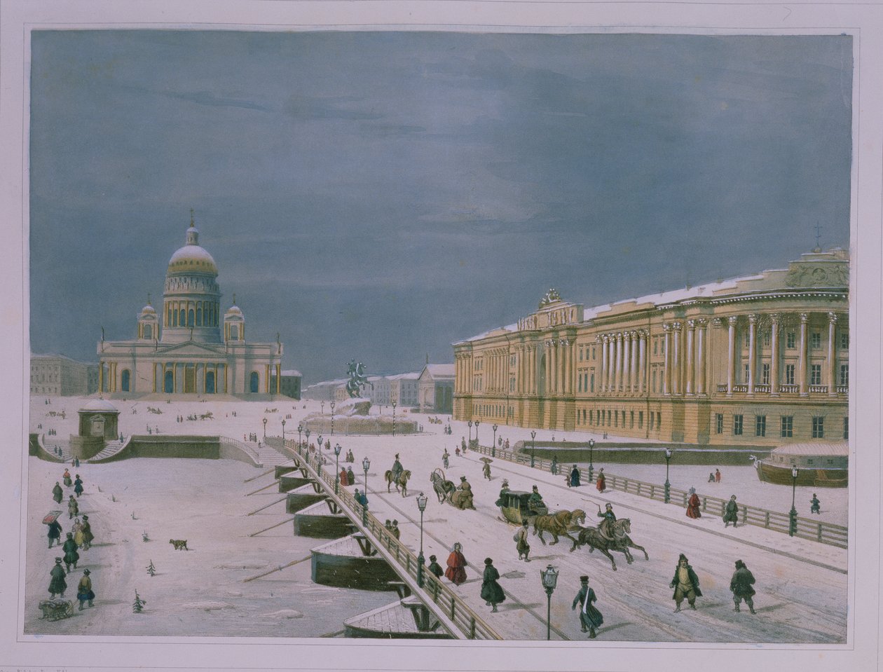 Isaac-katedralen och Senatstorget i St Petersburg, 1840-talet (litho i färg) av Paul Marie Roussel