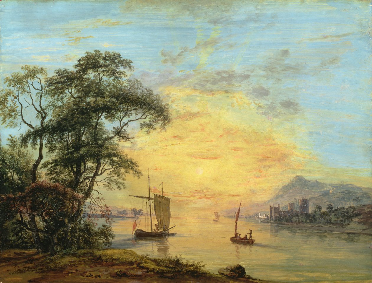 A walesisk Sunset River Landscape, c.1775-1800 av Paul Sandby