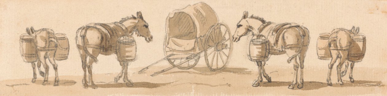 Four Mules with Panniers and a Cart av Paul Sandby