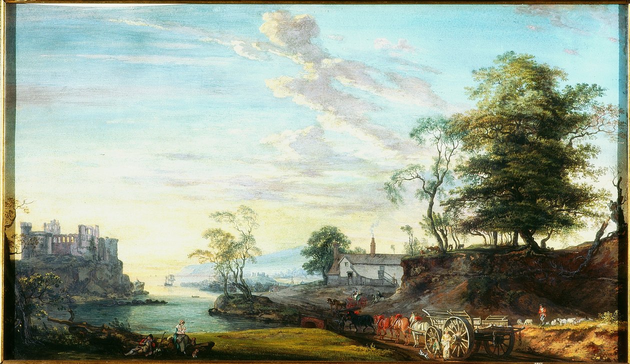 Landskap med slott på en vik (färg på papper) av Paul Sandby