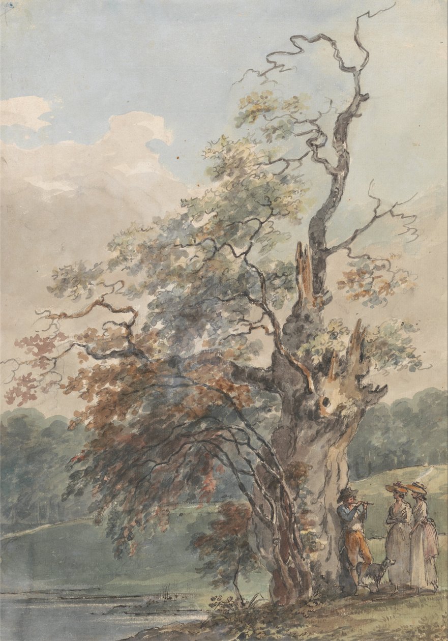 Landscape with a man playing a pipe under an old tree av Paul Sandby