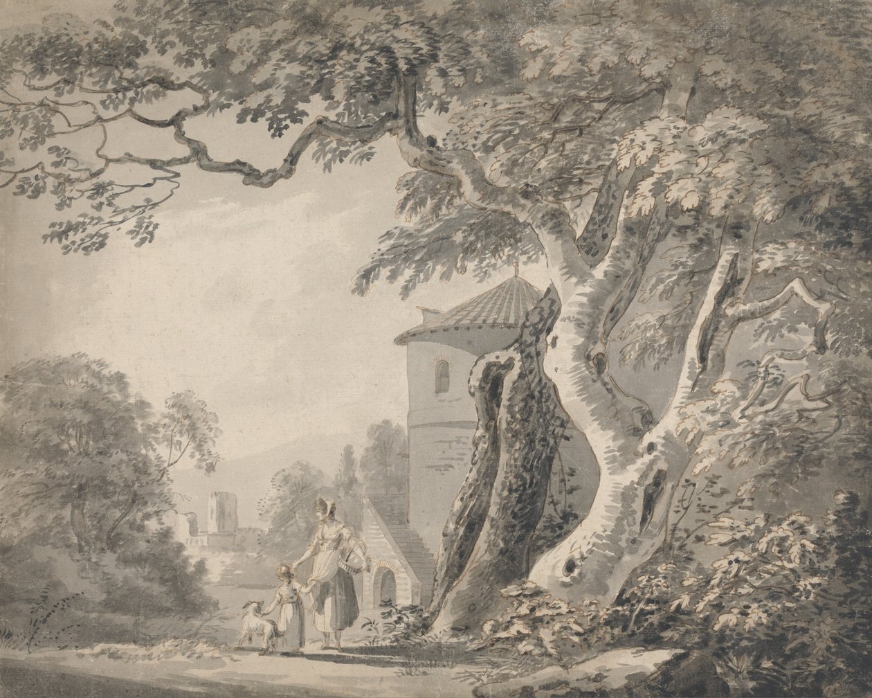 Romantic Landscape with Figures and a Dog av Paul Sandby