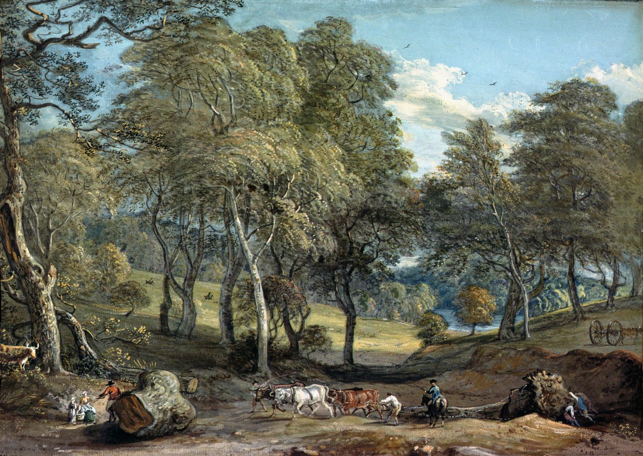 Windsor Forest with Oxen Drawing Timber, 1798 av Paul Sandby