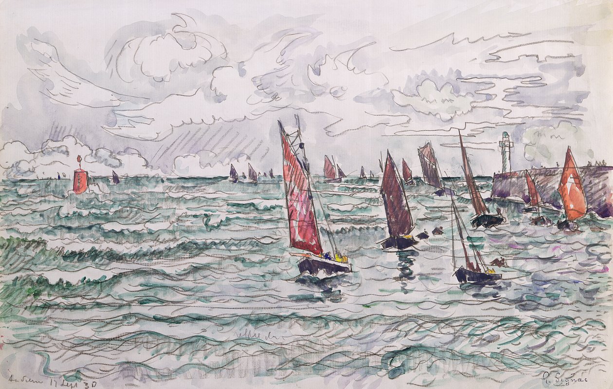 Audierne, Fiskebåtarnas återkomst, 1930 (wc och penna på papper) av Paul Signac