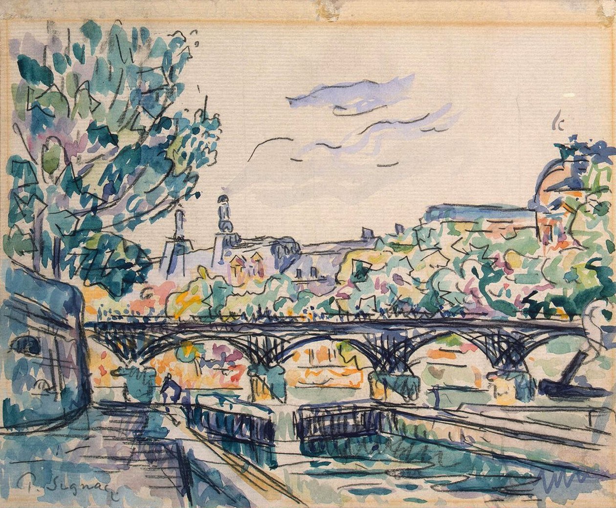 Bank of the Seine nära Pont des Arts, med utsikt över Louvren (penna och bläck med wc och gouache på papper) av Paul Signac