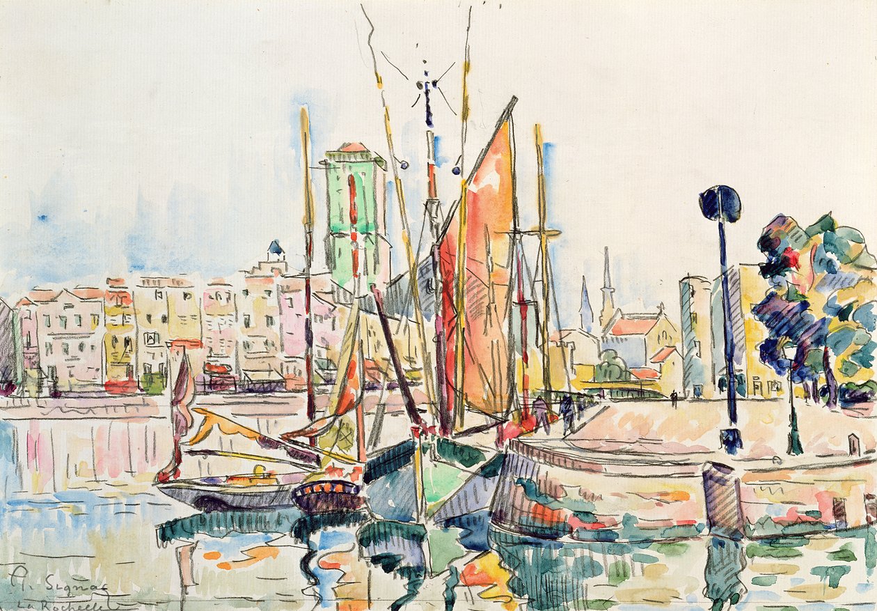 La Rochelle: Båtar och hus (wc på papper) av Paul Signac