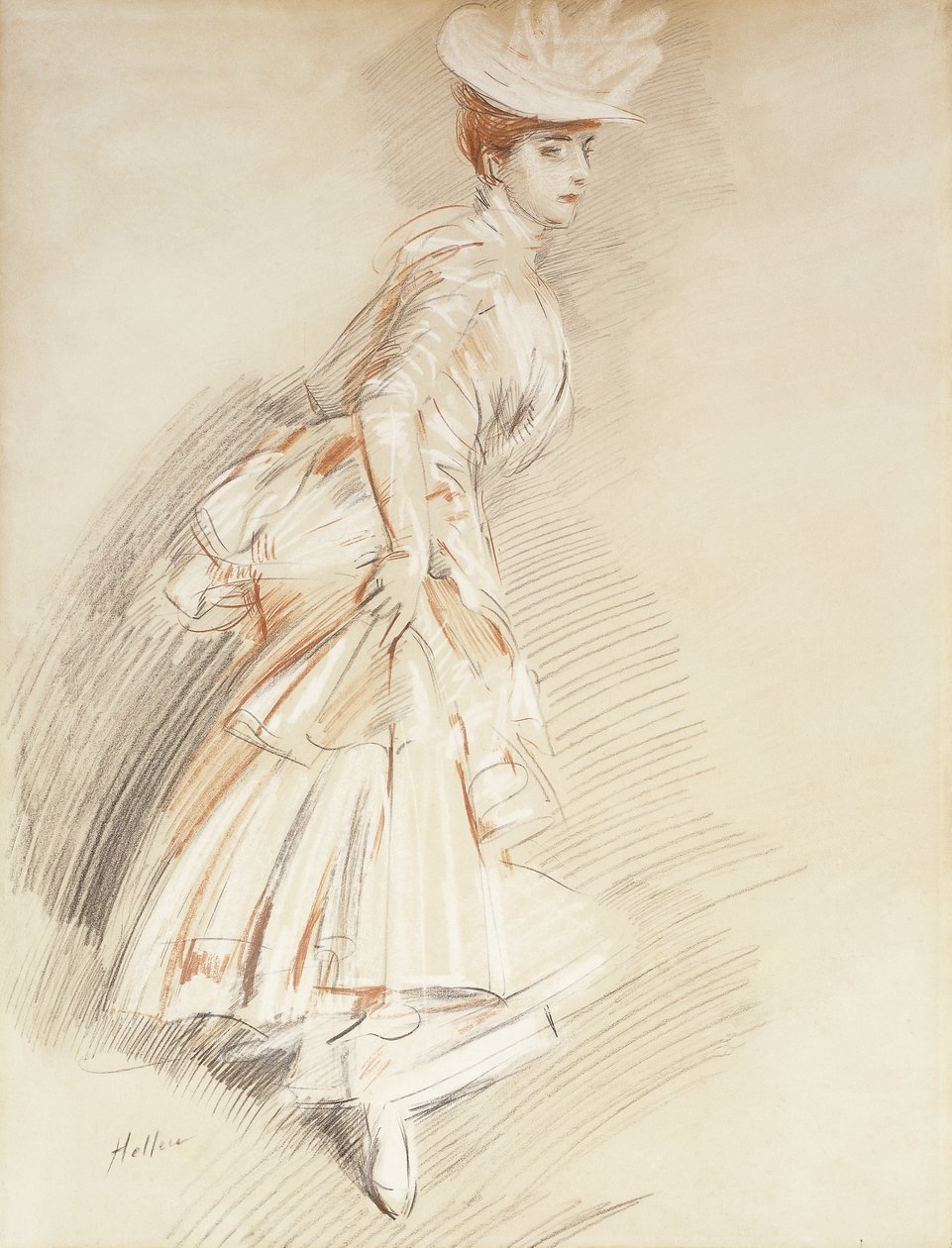 En elegant dam, stående i full längd, av Paul Cesar Helleu