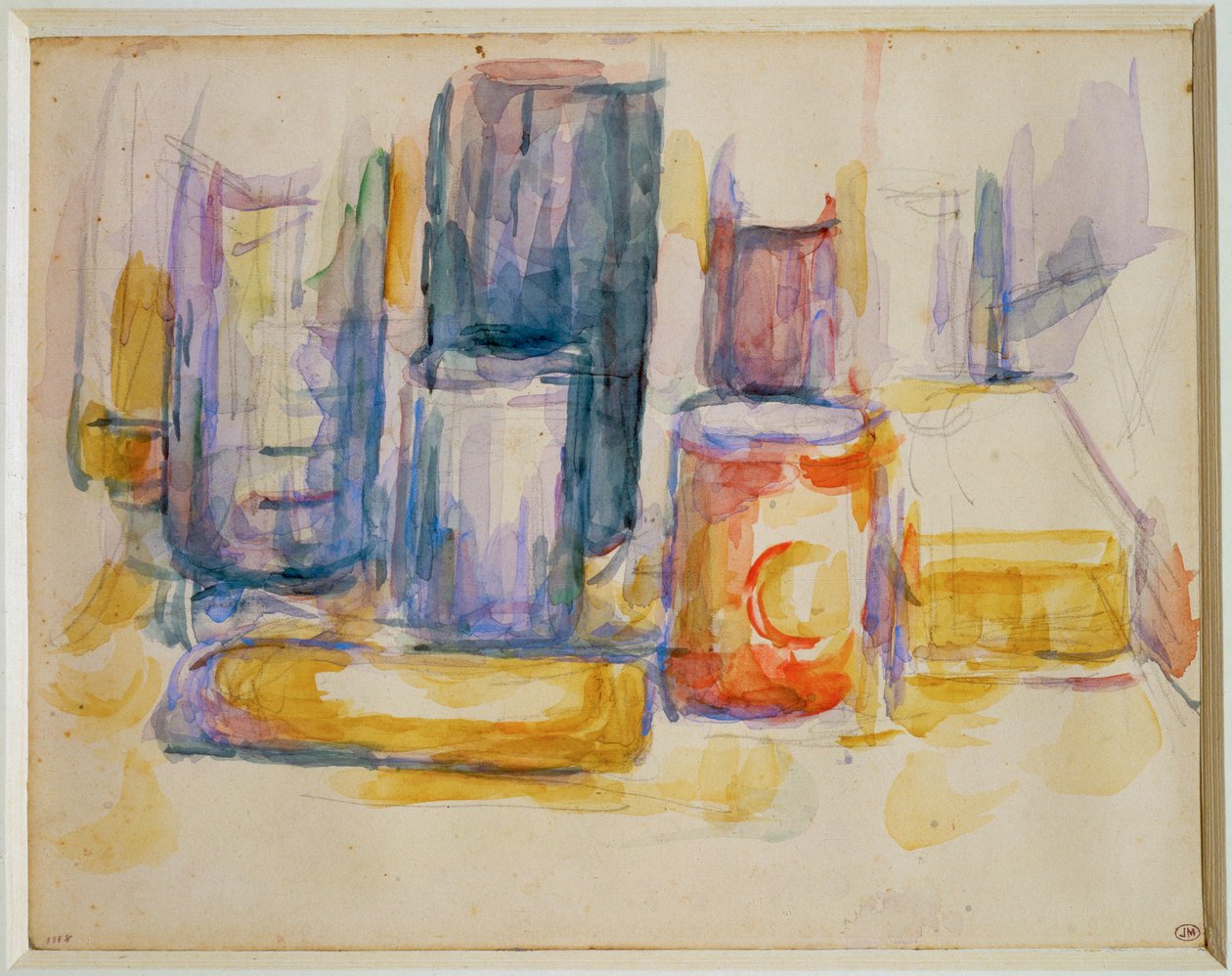 Ett köksbord, kastruller och flaskor (målning) av Paul Cézanne
