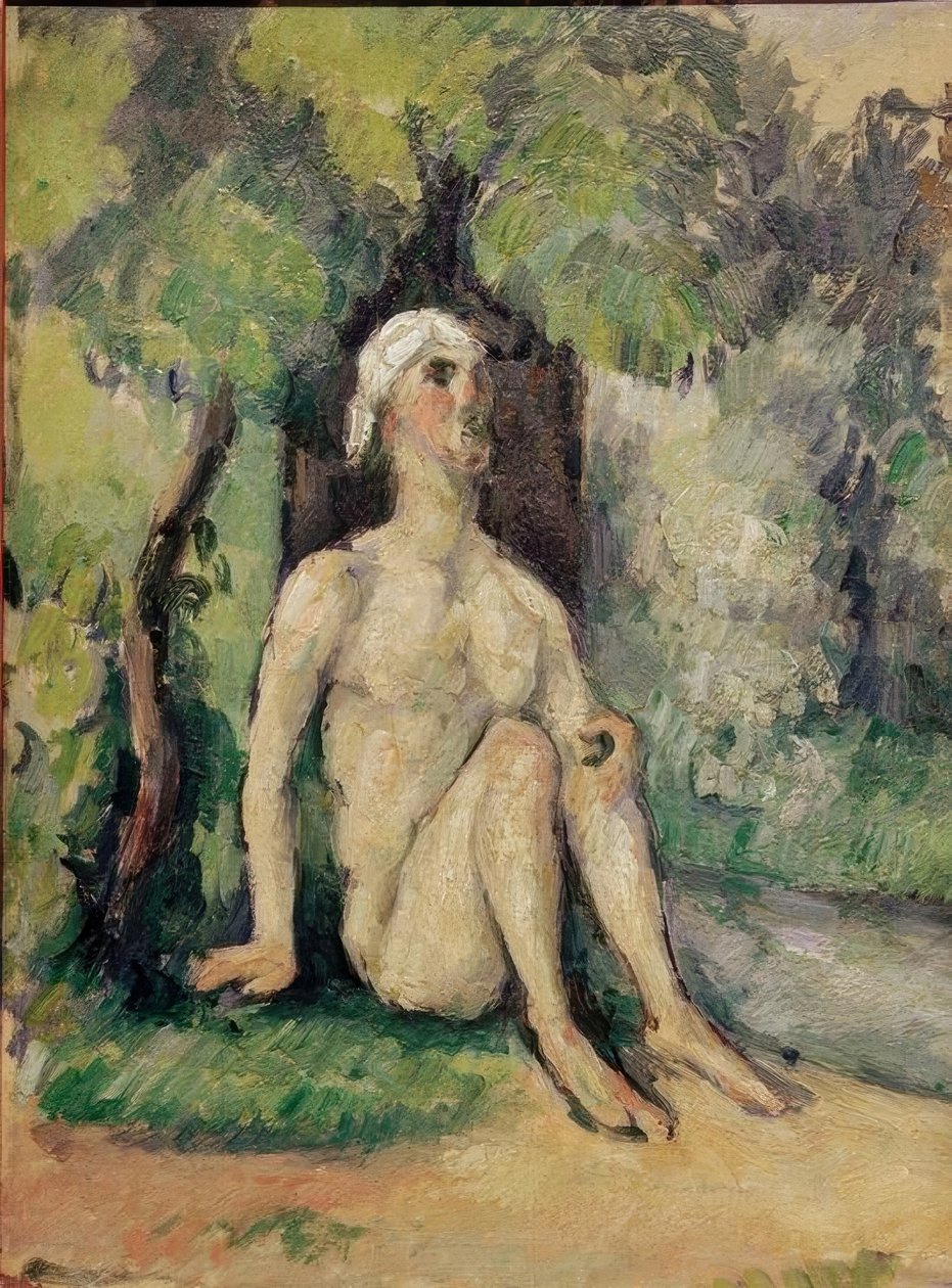 Badande sitter vid vattnet av Paul Cézanne