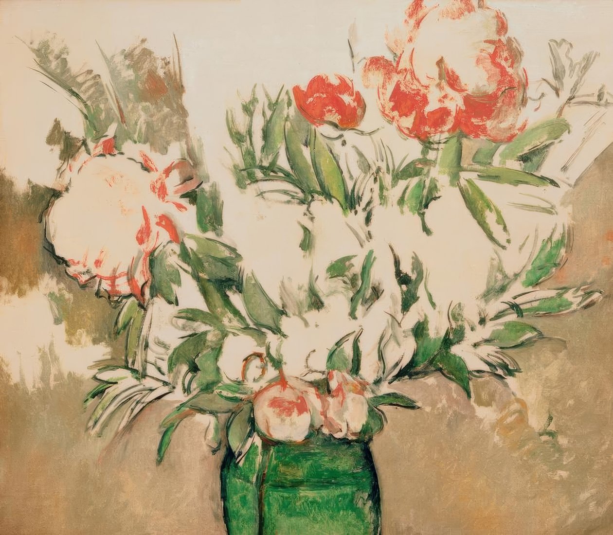 Bukett pioner i en grön kruka av Paul Cézanne