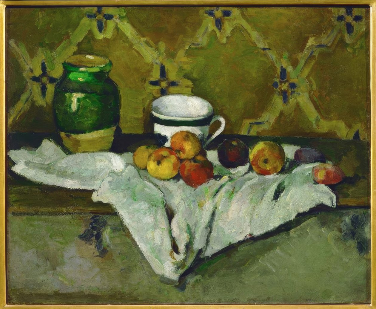 Stilleben (keramik, kopp och frukter av Paul Cézanne