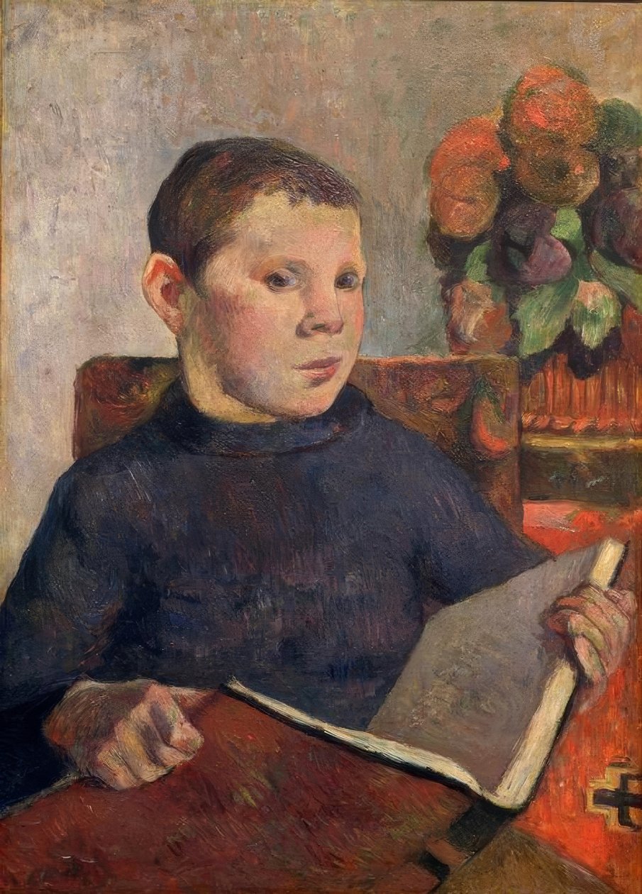 Porträtt av sonen Clovis med en bok av Paul Gauguin