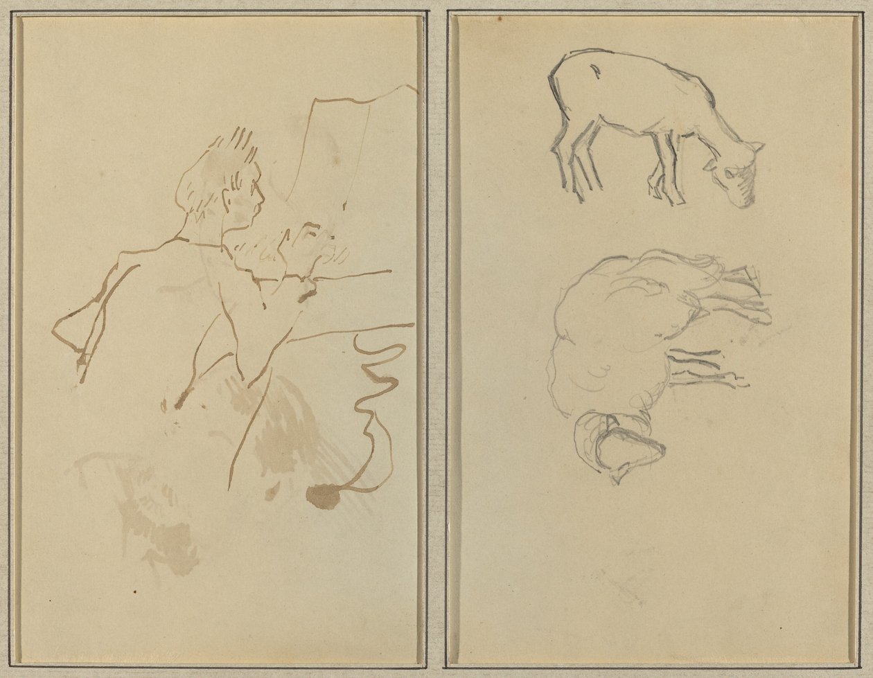 Man som spelar piano; Två får [verso] av Paul Gauguin