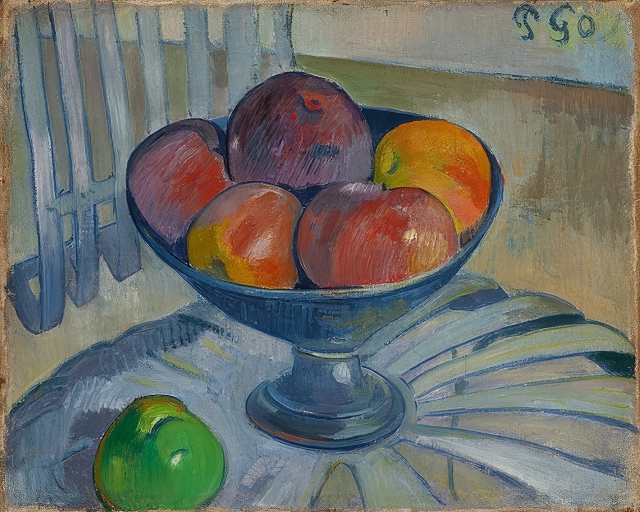 Skål med frukt på en trädgårdsstol. Omkring 1890 av Paul Gauguin