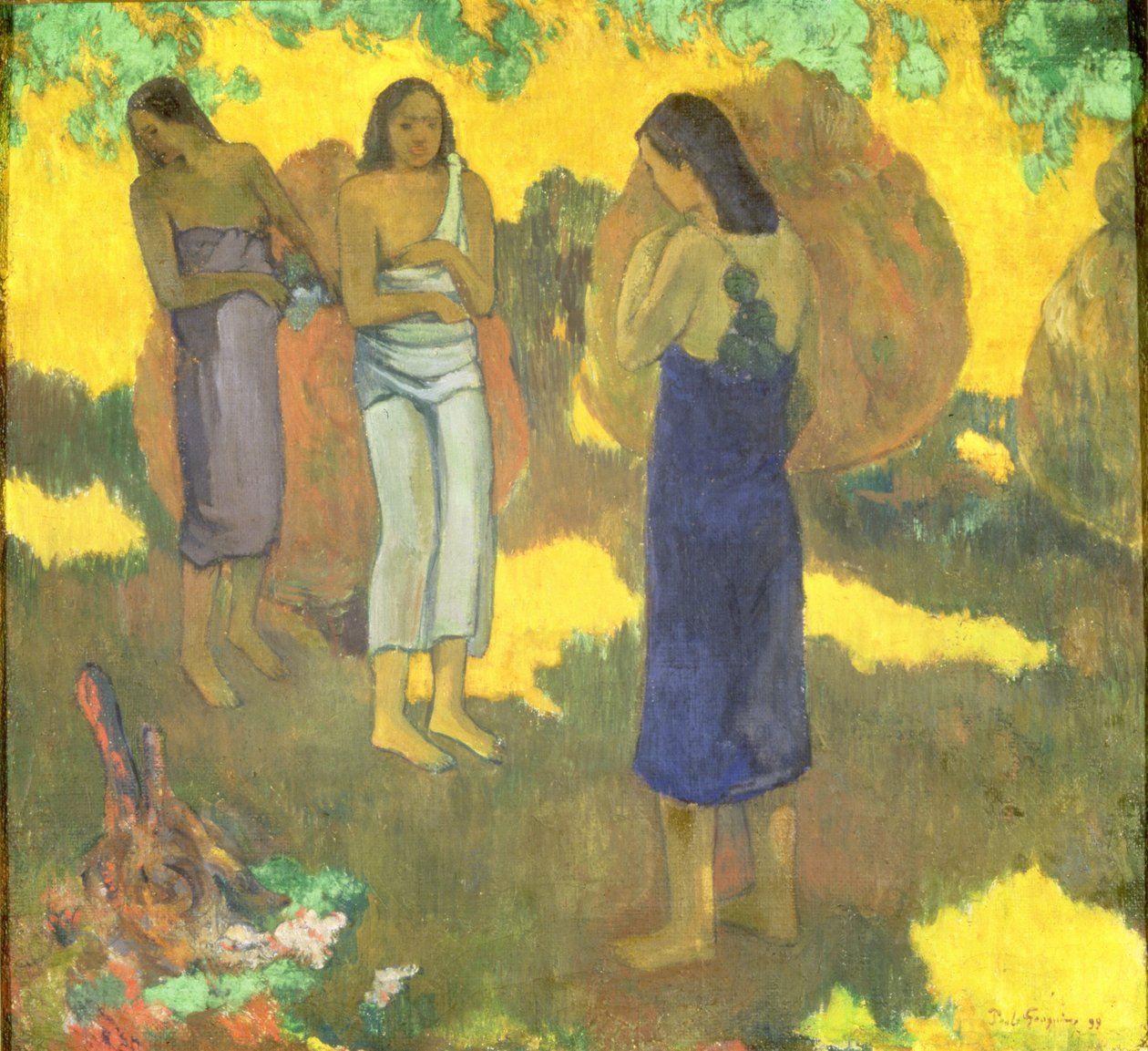 Tre tahitiska kvinnor mot en gul bakgrund av Paul Gauguin
