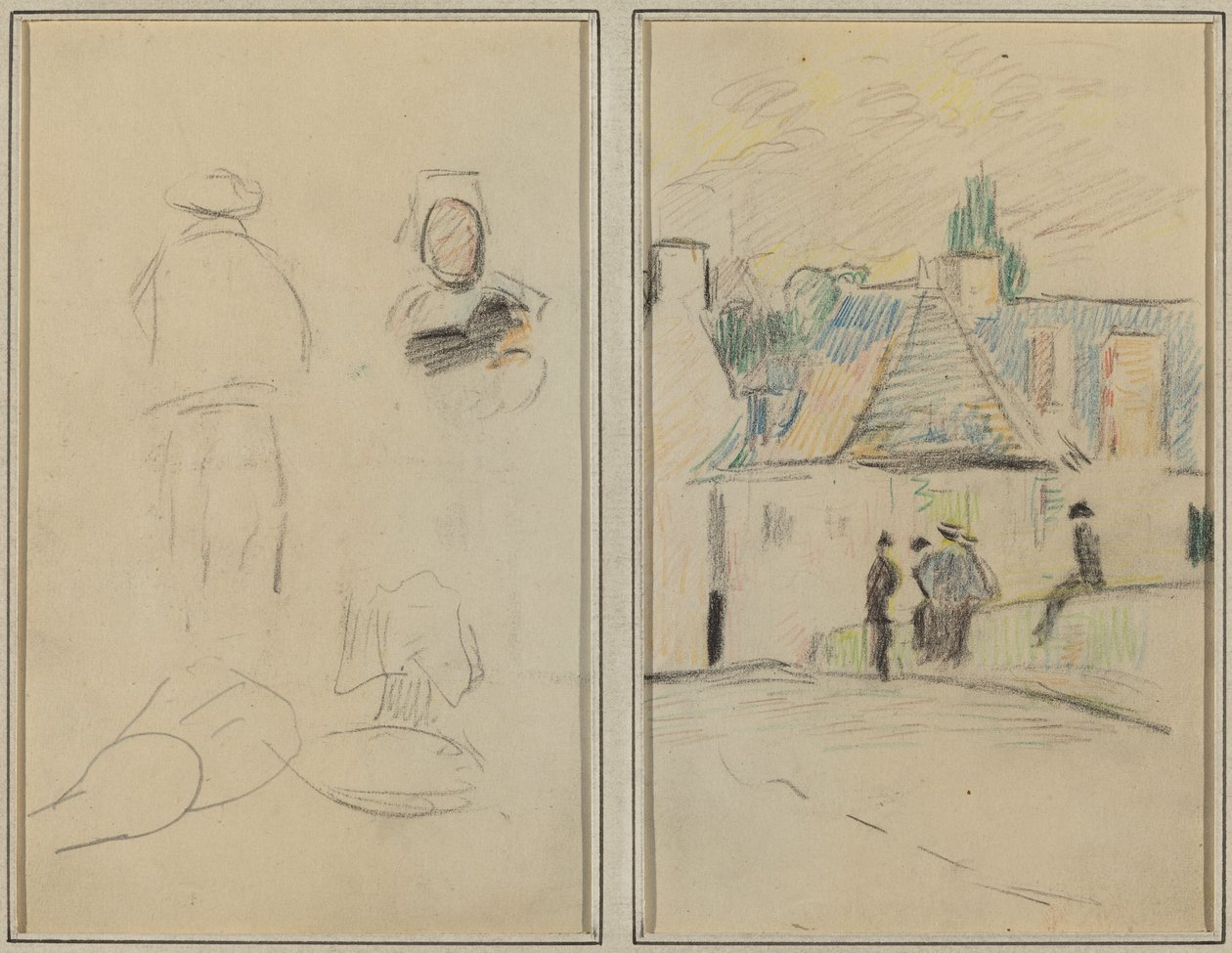 Två bretonska figurer; Bron vid Pont-Aven [recto] av Paul Gauguin