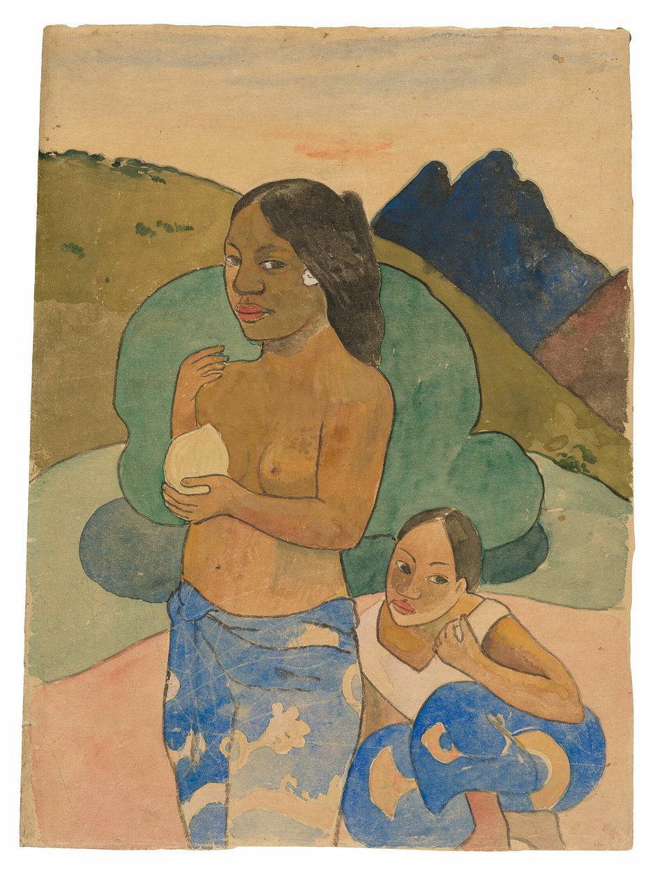 Två tahitiska kvinnor i ett landskap av Paul Gauguin
