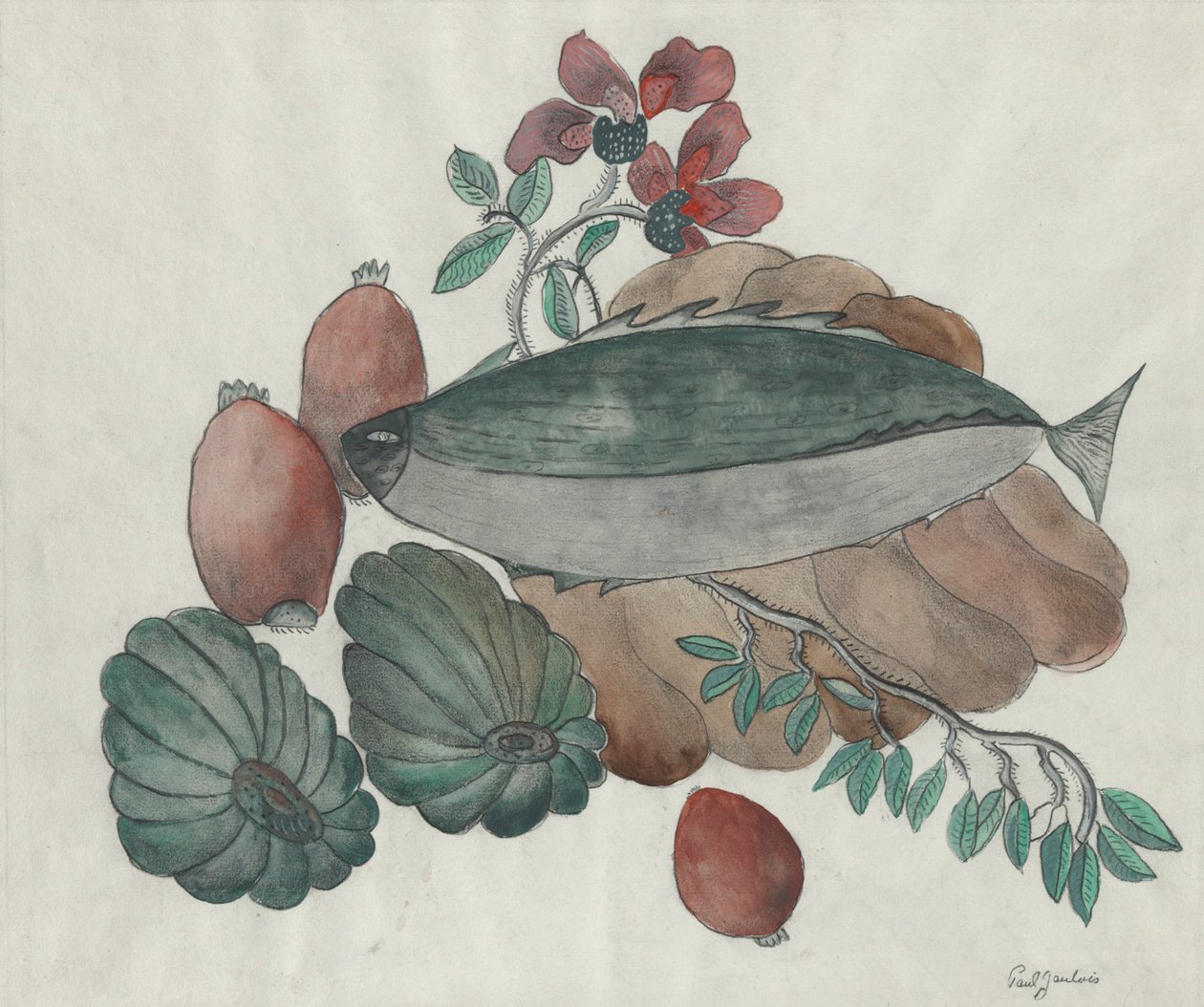 Stilleben: Fisk, blommor och grönsaker av Paul Gaulois