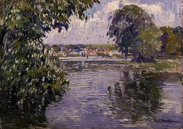 Village on the Seine (olja på panel) av Paul Mathieu