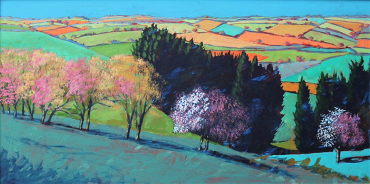 Teme Valley blossom (akryl ombord) av Paul Powis