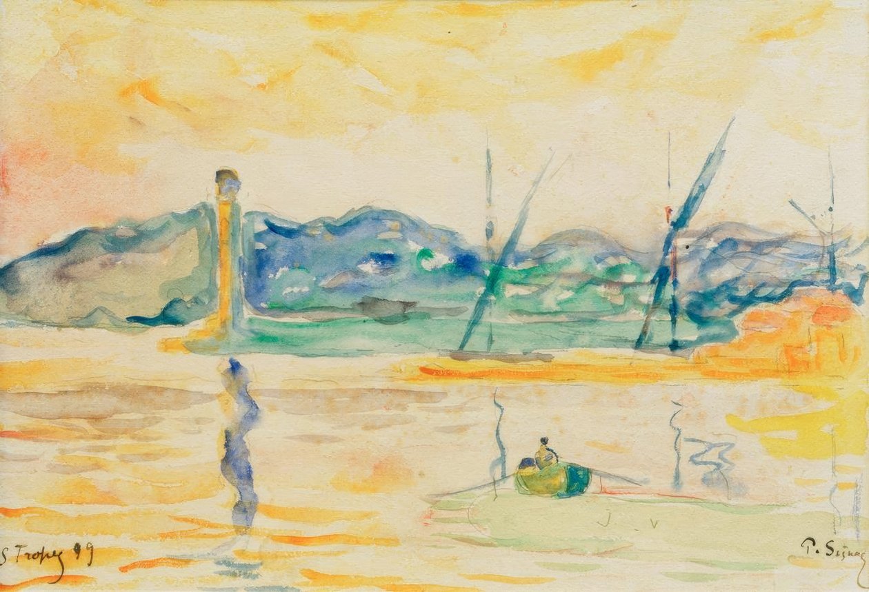 Ingång till hamnen i Saint-Tropez vid solnedgången av Paul Signac