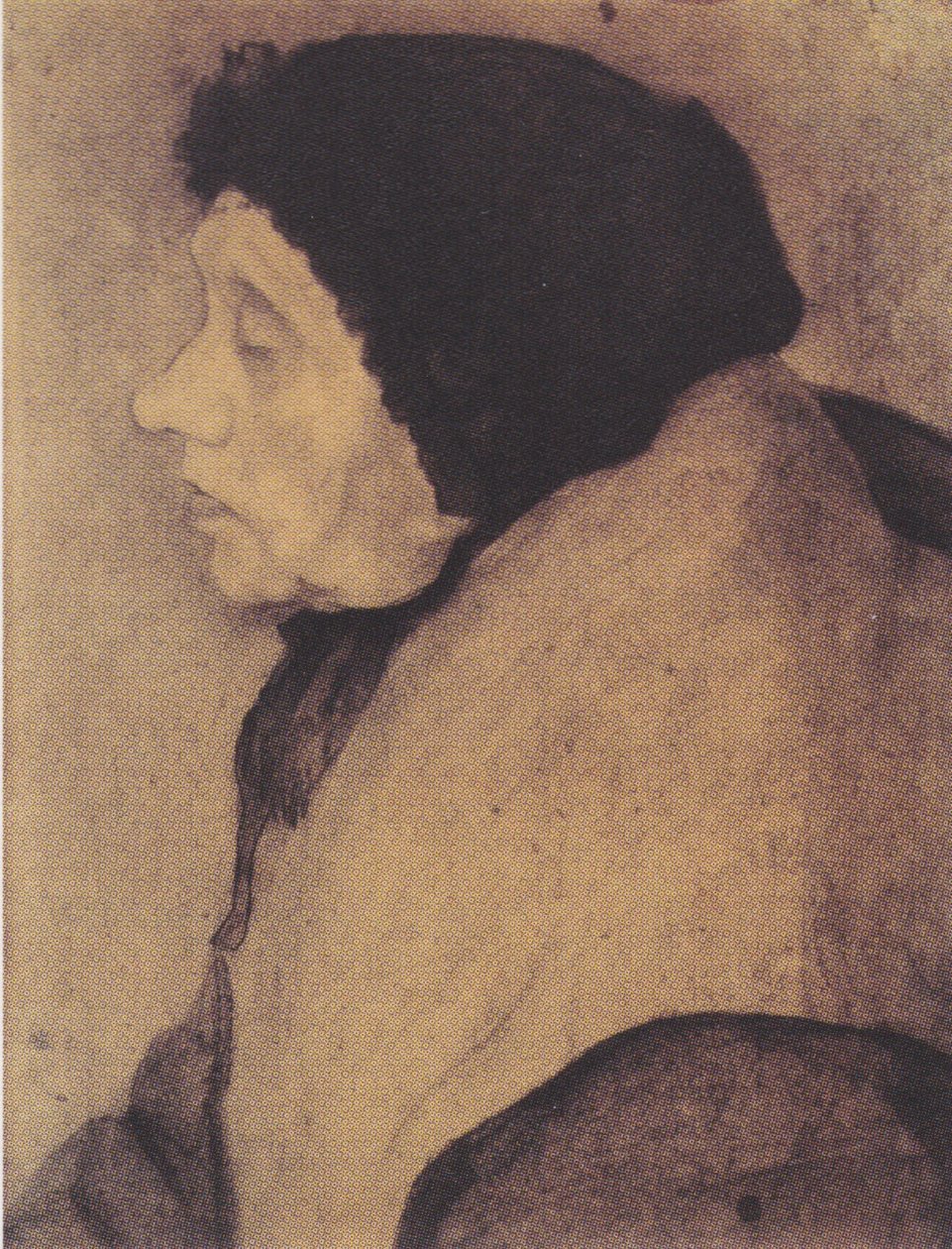 Gammal kvinna med huva i profil till vänster av Paula Modersohn Becker