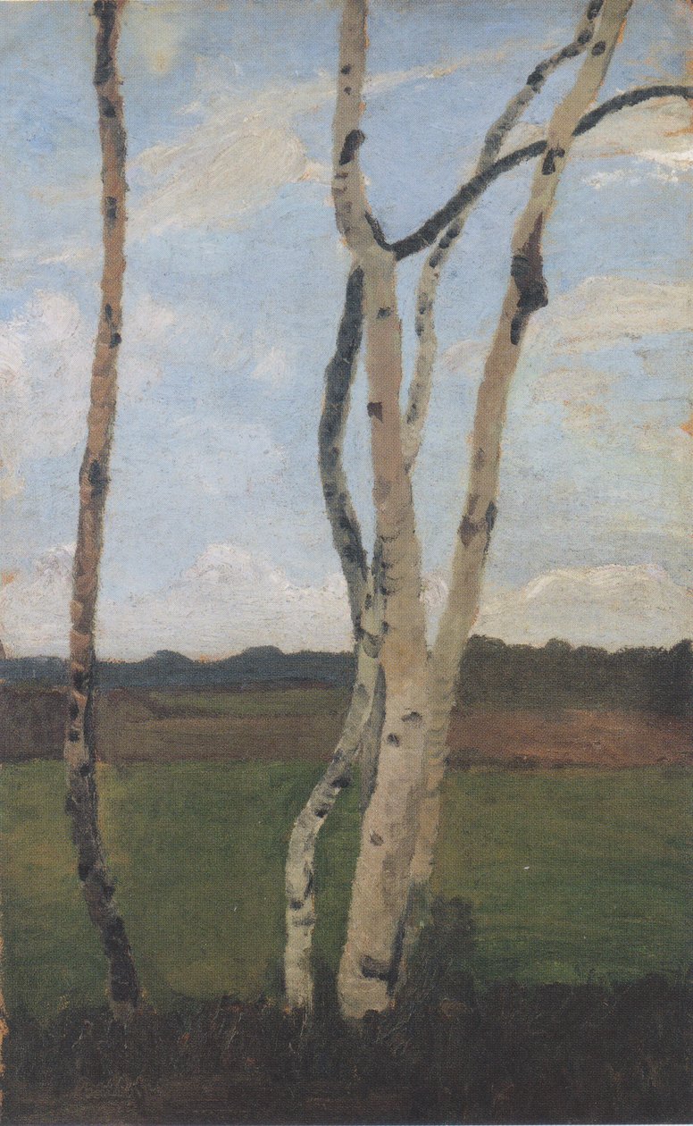 Björkstammar framför landskapet av Paula Modersohn Becker