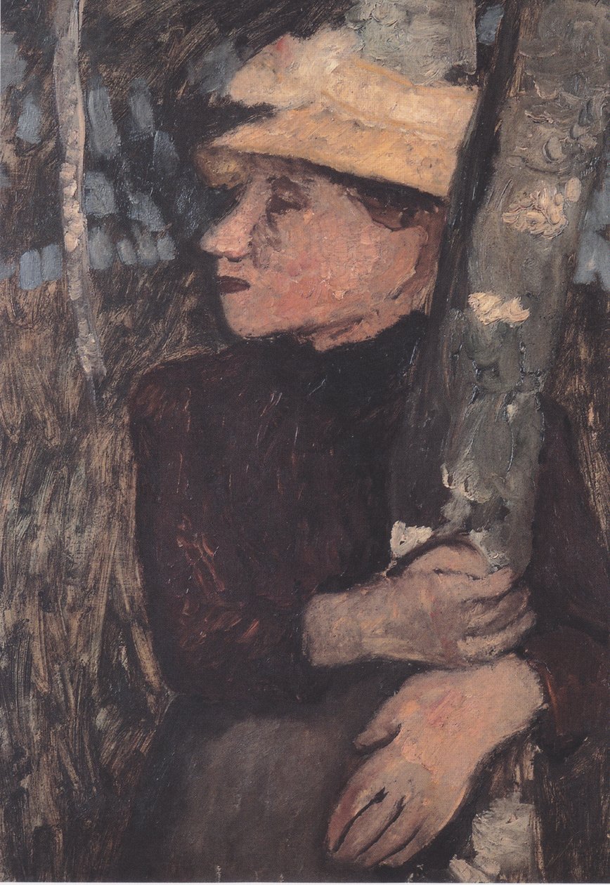 Kvinna med halmhatt mellan björkträd av Paula Modersohn Becker