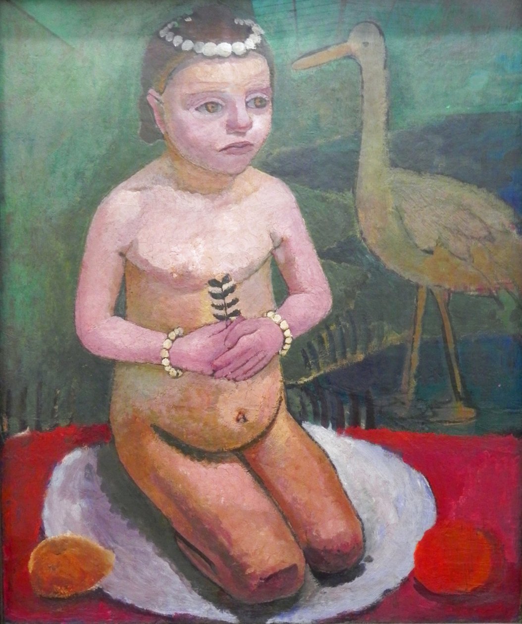 Hockendes Mädchen mit Storch av Paula Modersohn Becker