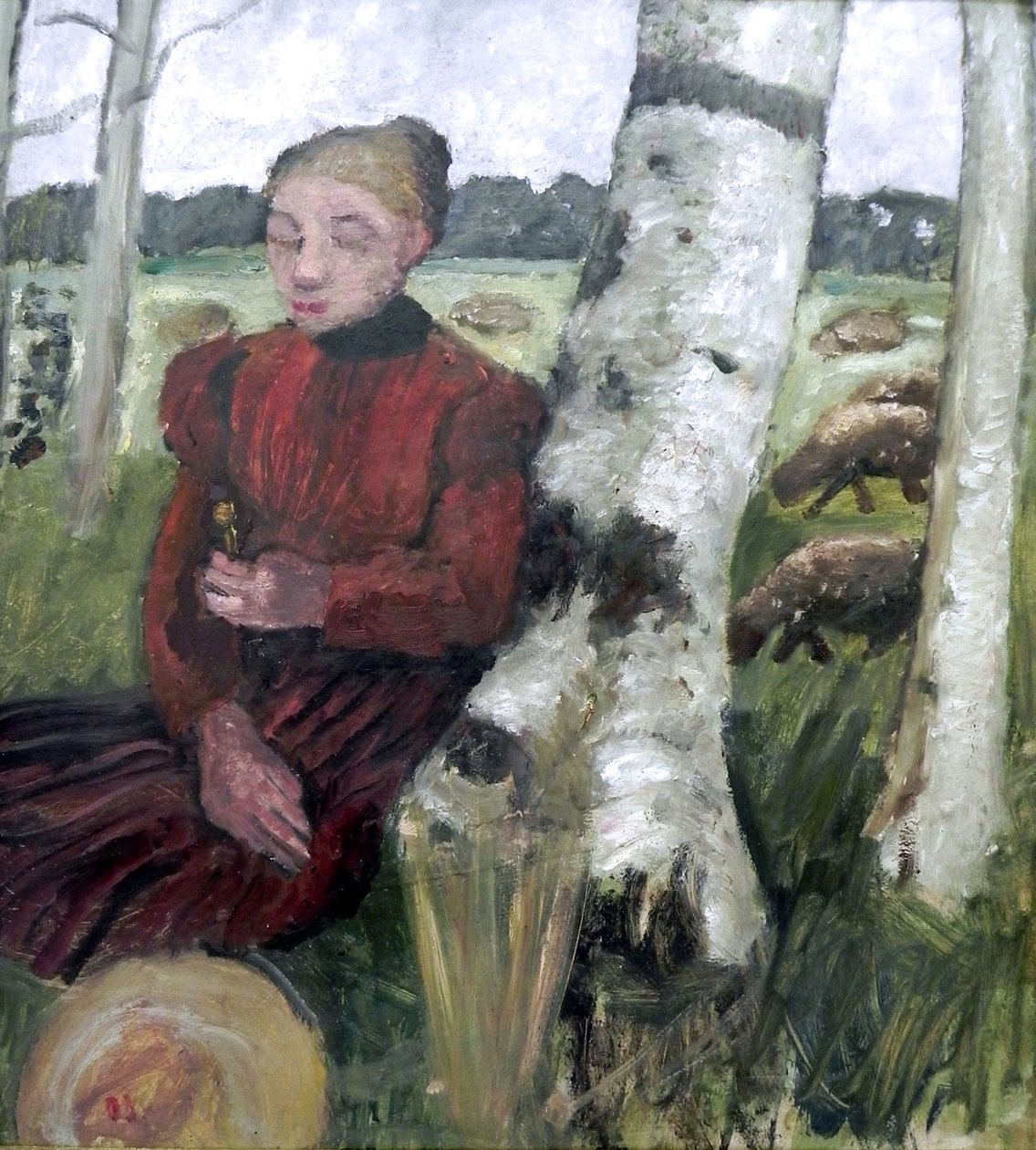 Mädchen am Birkenstamm ruhend, Schafherde im Hintergrund av Paula Modersohn Becker
