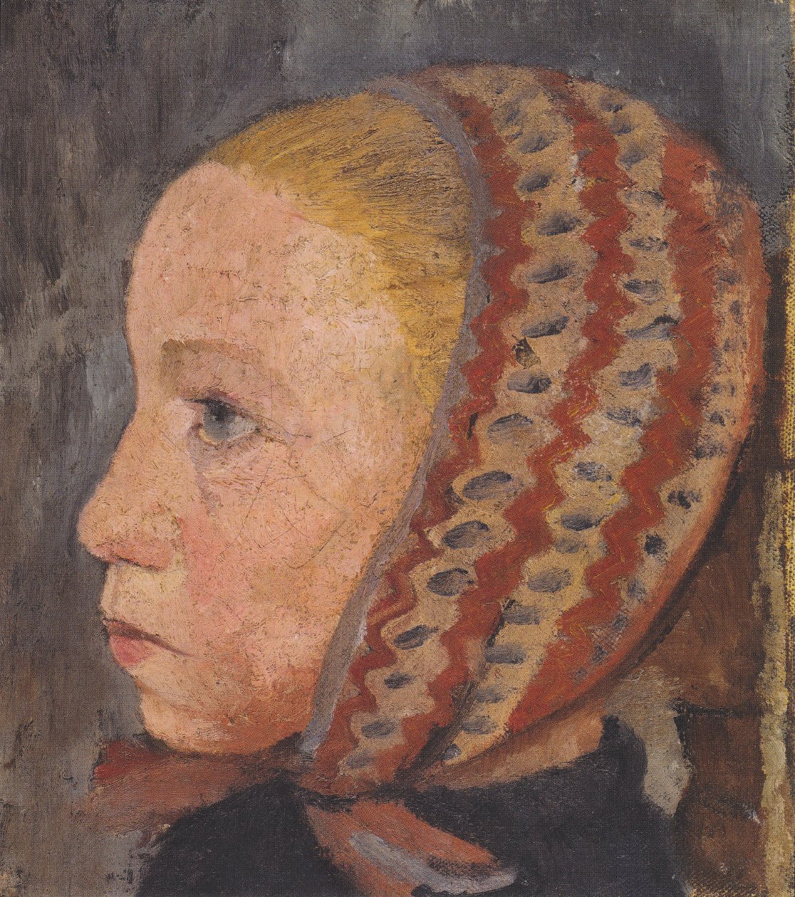 Flickans huvud med en randig keps i profilen till vänster av Paula Modersohn Becker