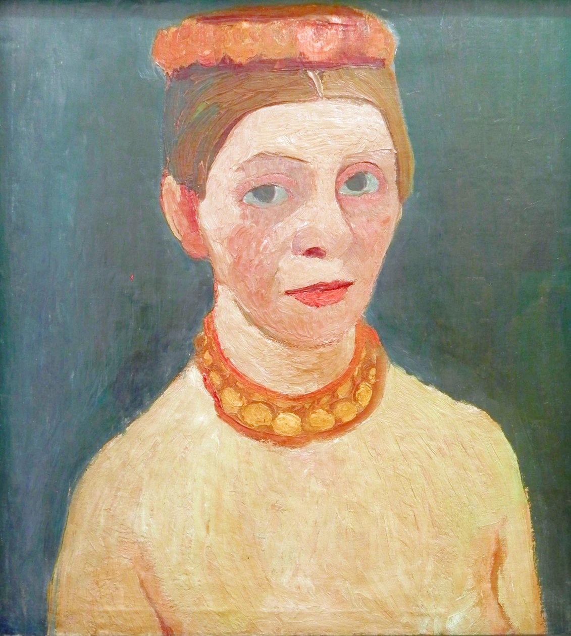 Selbstbildnis mit rotem Blütenkranz und Kette av Paula Modersohn Becker