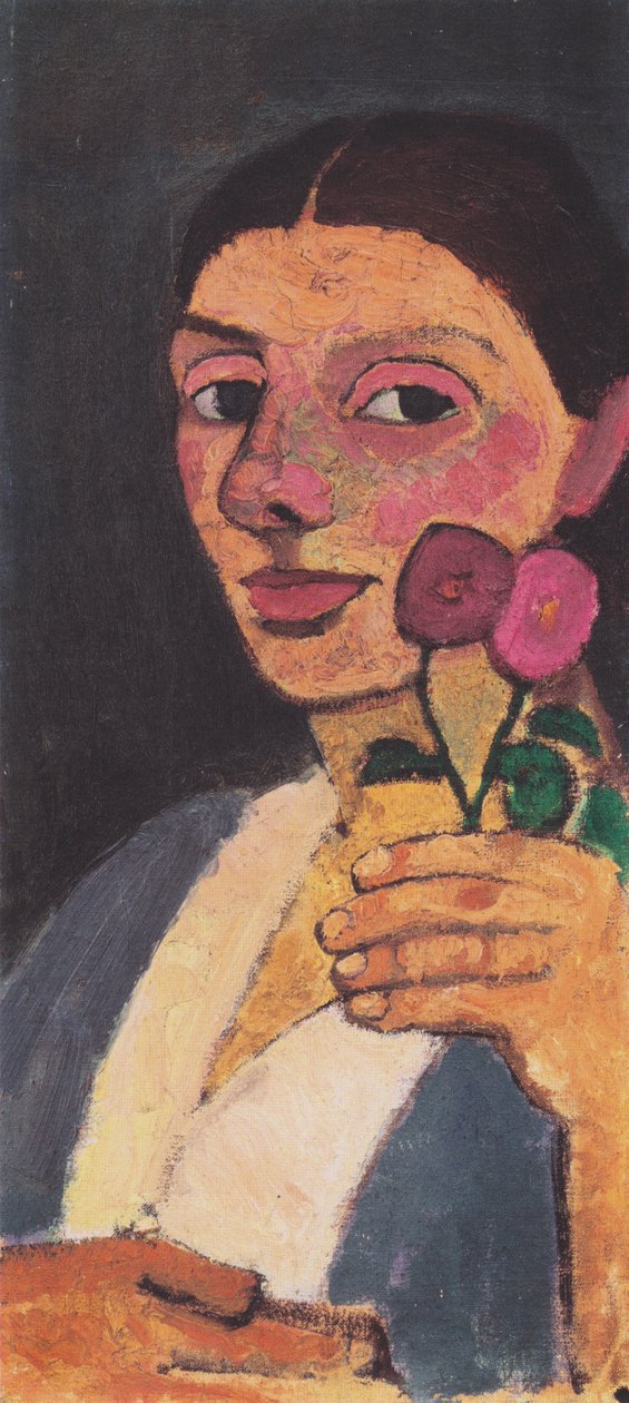 Självporträtt med två blommor i den höjda vänstra handen av Paula Modersohn Becker