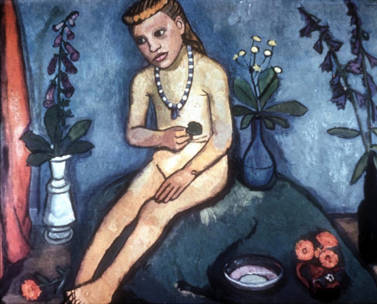 Sitzender Mädchenakt mit Blumenvasen av Paula Modersohn Becker