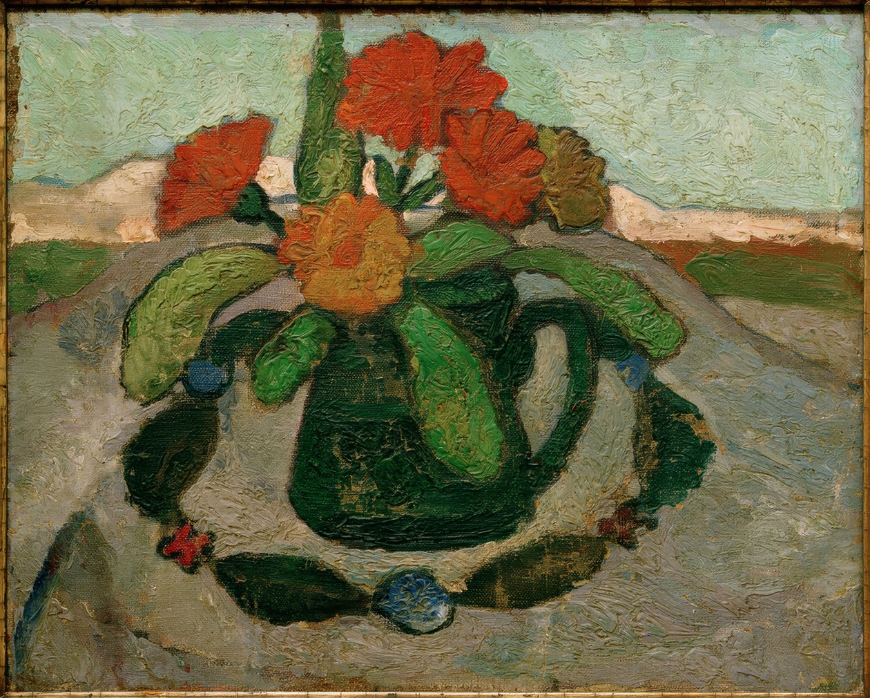 Stilleben med ringblommor framför ett landskap av Paula Modersohn Becker