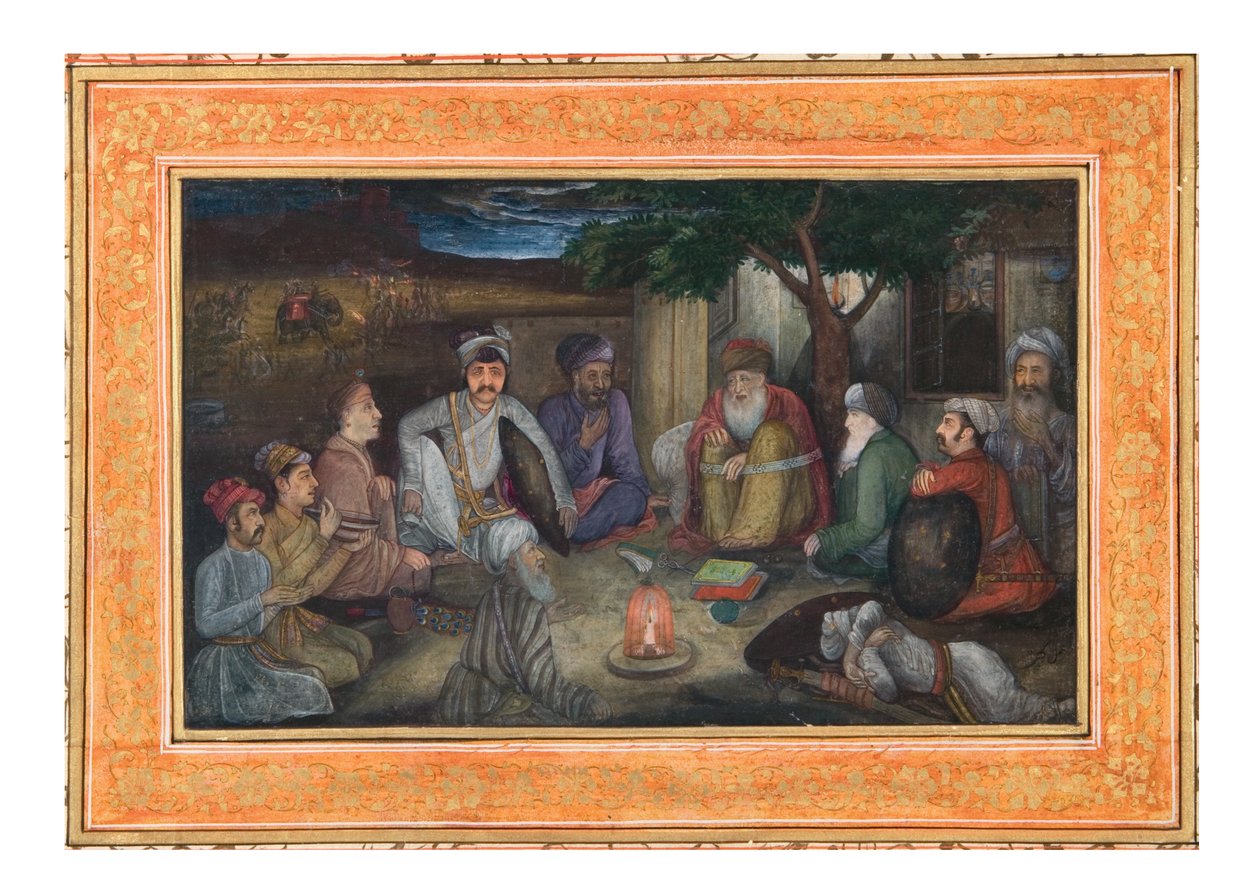 Resenärer samlade i natten, ca 1640 (ogenomskinlig wc och guld på papper) av Payag