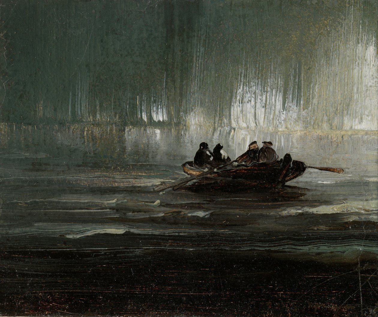 Nordlys over fire menn i robåt av Peder Balke