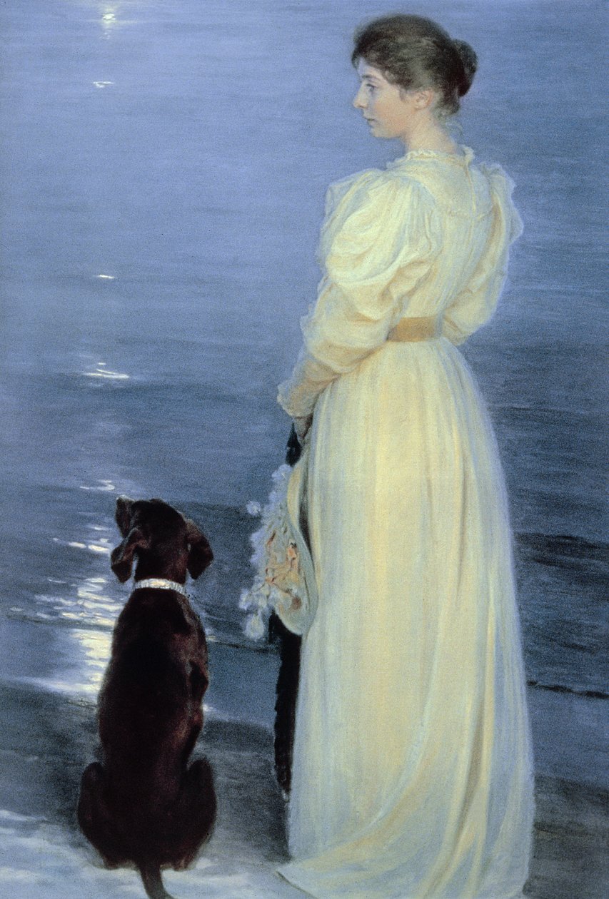 Sommarkväll på Skagen, Konstnärens fru med en hund på stranden, 1892 av Peder Severin Krøyer