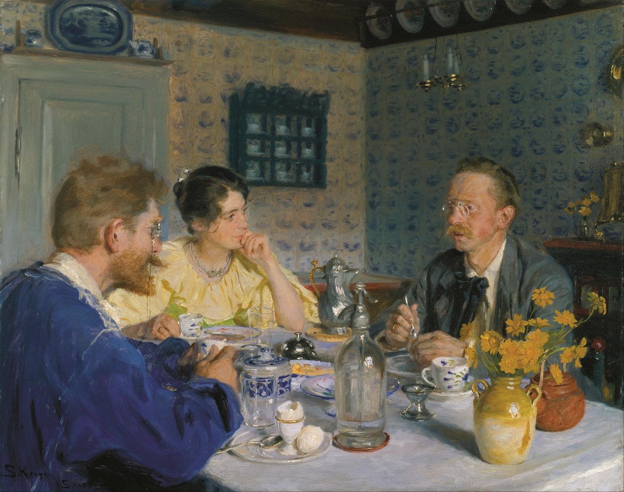A luncheon. The artist, his wife and the writer Otto Benzon av Peder Severin Krøyer